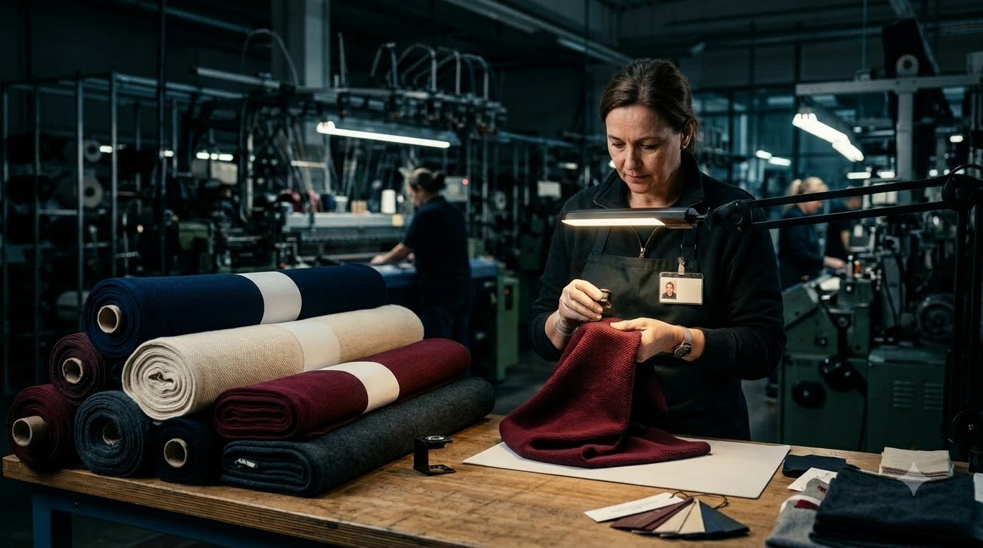 Worker Inspecting Fabric